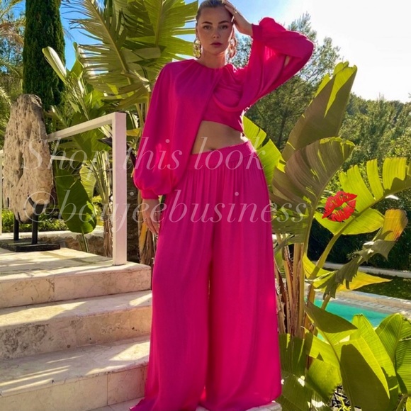 Zara Pants - ZARA Satin Palazzo Pants + Puff Sleeve Top Set
